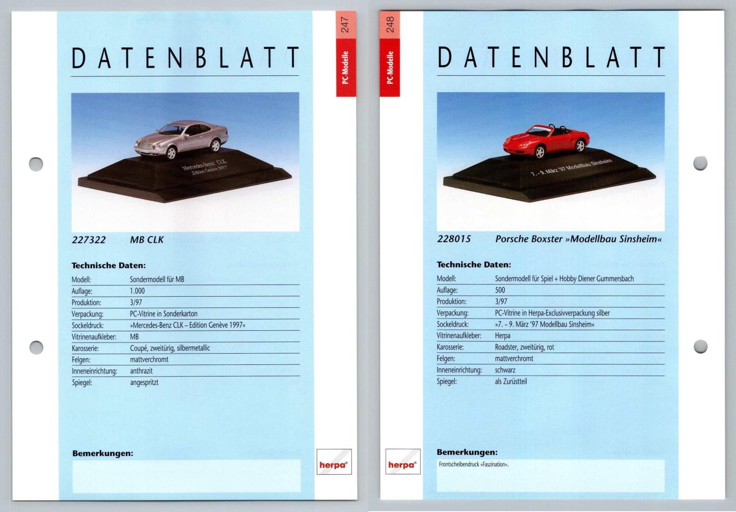 Mercedes Benz CLK / Porsche Boxter #247/48 PC-Modelle - Herpa Data Sheet-Breakoutcards
