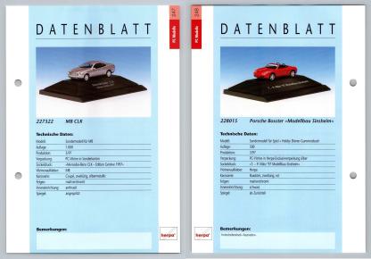 Mercedes Benz CLK / Porsche Boxter #247/48 PC-Modelle - Herpa Data Sheet-Breakoutcards