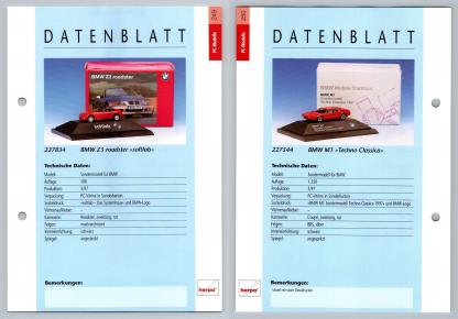 BMW Z3 Roadster / M1 #249/50 PC-Modelle - Herpa Data Sheet-Breakoutcards