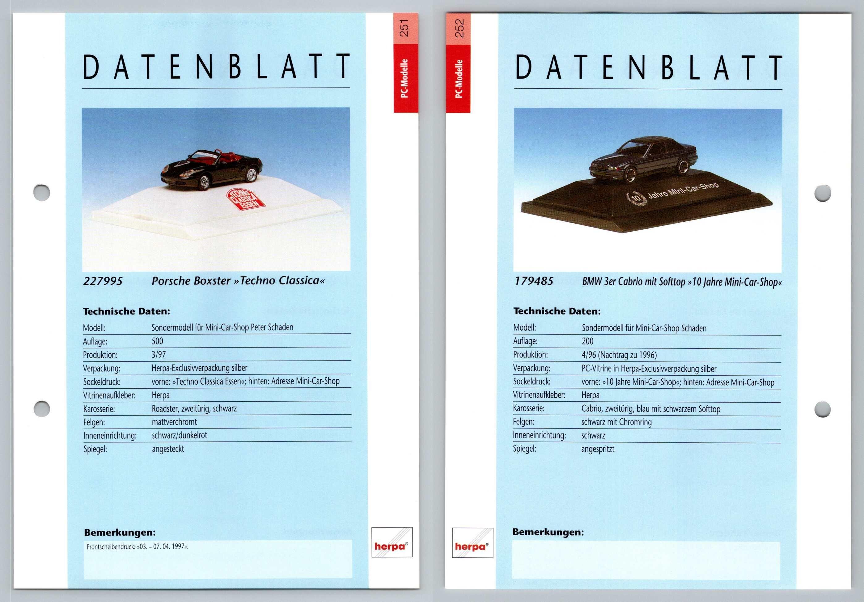 Porsche Boxter / 3er Cabrio #251/52 PC-Modelle - Herpa Data Sheet-Breakoutcards
