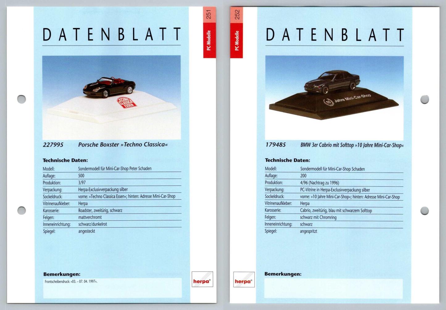 Porsche Boxter / 3er Cabrio #251/52 PC-Modelle - Herpa Data Sheet-Breakoutcards