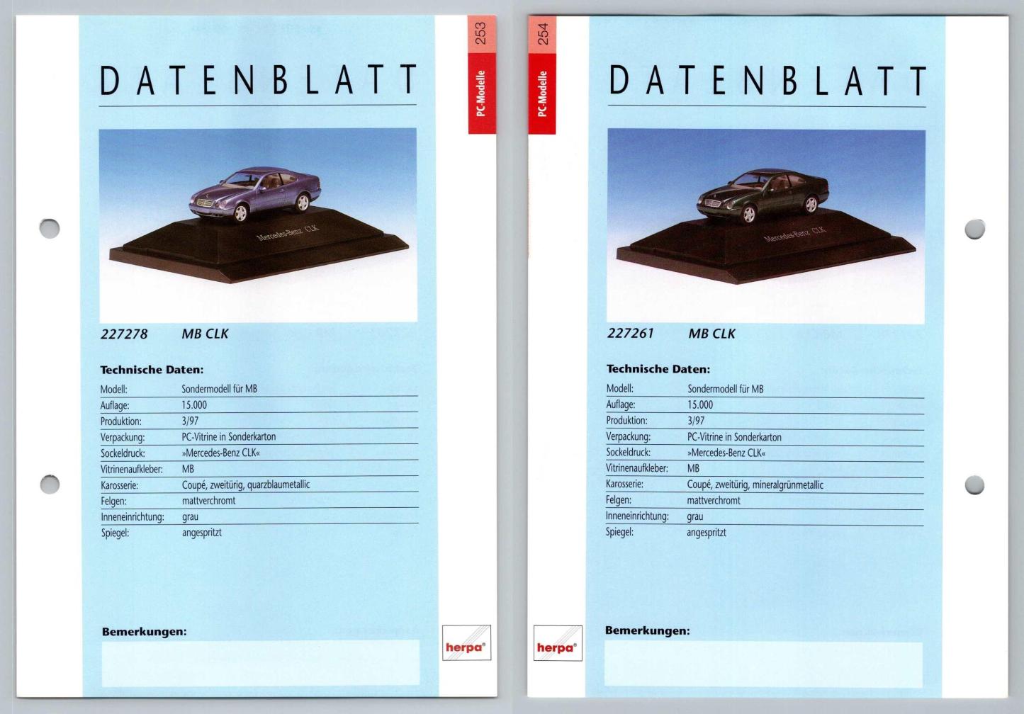 Mercedes Benz CLK #253/54 PC-Modelle - Herpa Data Sheet-Breakoutcards