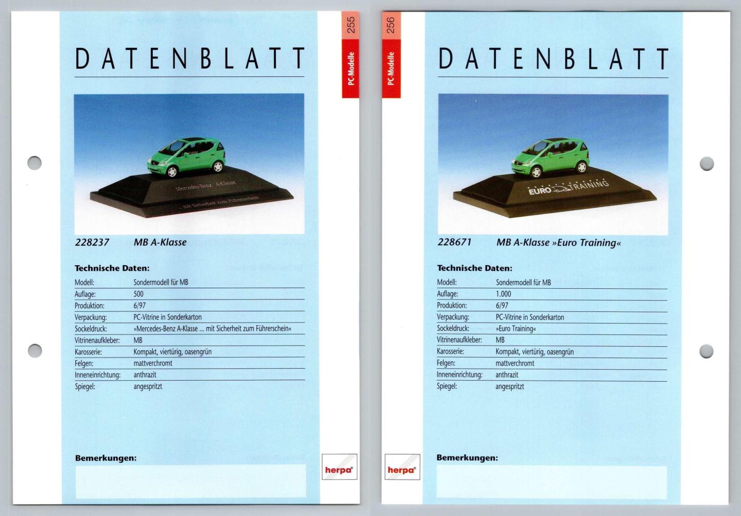 Mercedes Benz A-Klasse #255/56 PC-Modelle - Herpa Data Sheet-Breakoutcards