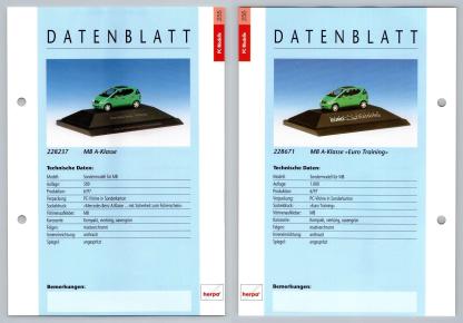 Mercedes Benz A-Klasse #255/56 PC-Modelle - Herpa Data Sheet-Breakoutcards
