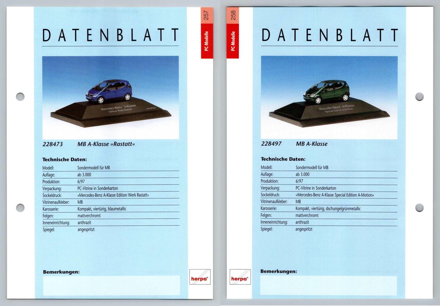 Mercedes Benz A-Klasse #257/58 PC-Modelle - Herpa Data Sheet-Breakoutcards
