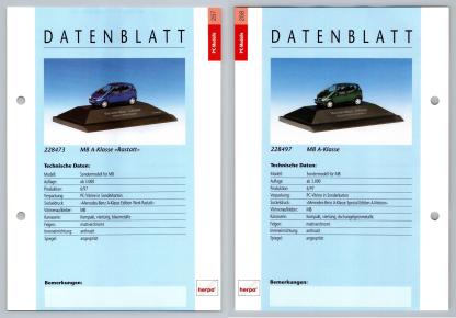 Mercedes Benz A-Klasse #257/58 PC-Modelle - Herpa Data Sheet-Breakoutcards