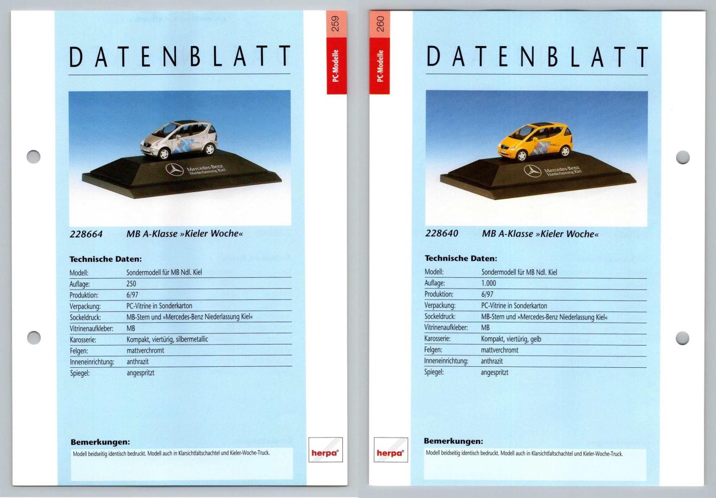 Mercedes Benz A-Klasse #259/60 PC-Modelle - Herpa Data Sheet-Breakoutcards