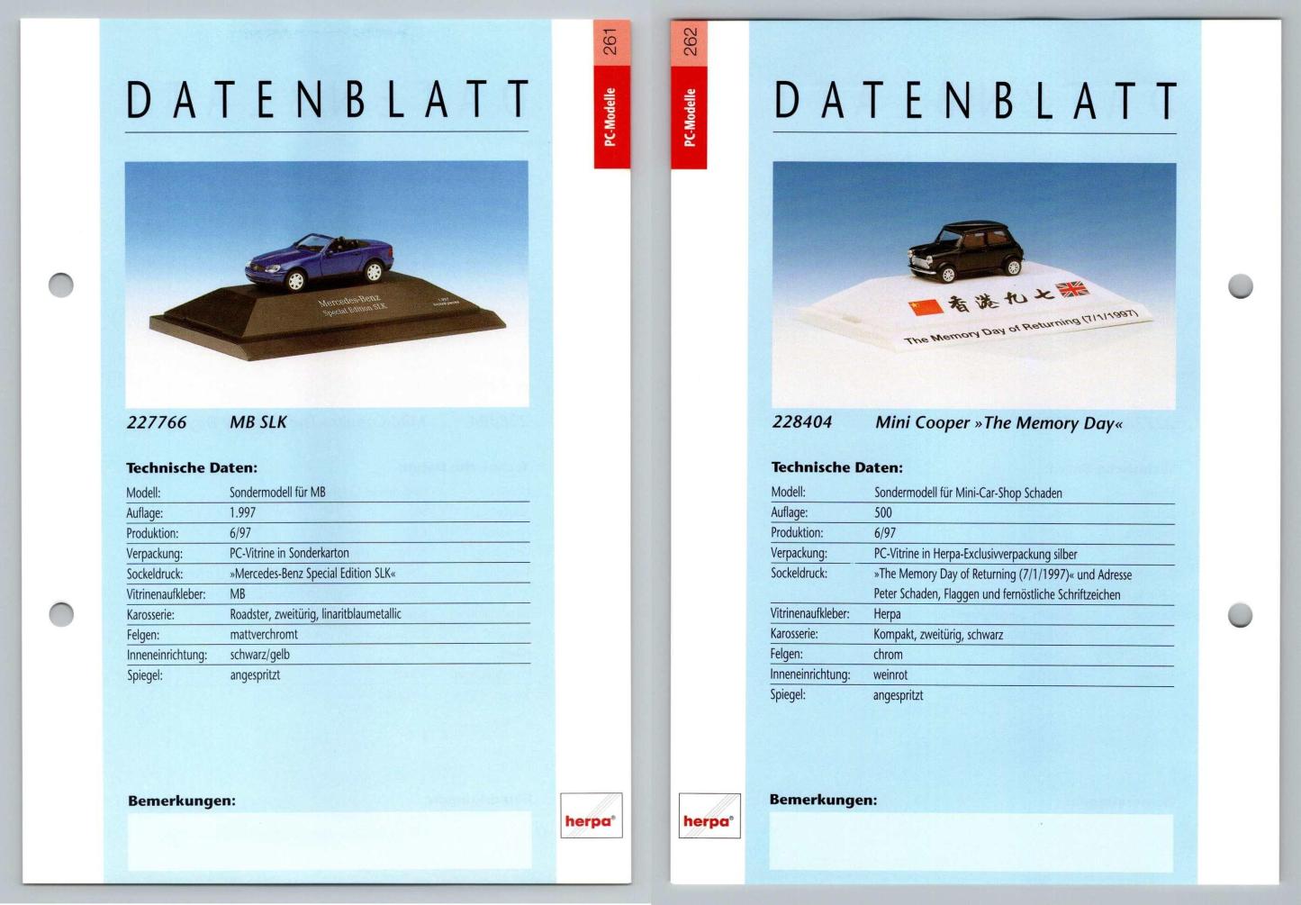 Mercedes Benz SLK / Mini Cooper #261/62 PC-Modelle - Herpa Data Sheet-Breakoutcards
