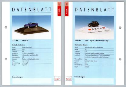 Mercedes Benz SLK / Mini Cooper #261/62 PC-Modelle - Herpa Data Sheet-Breakoutcards