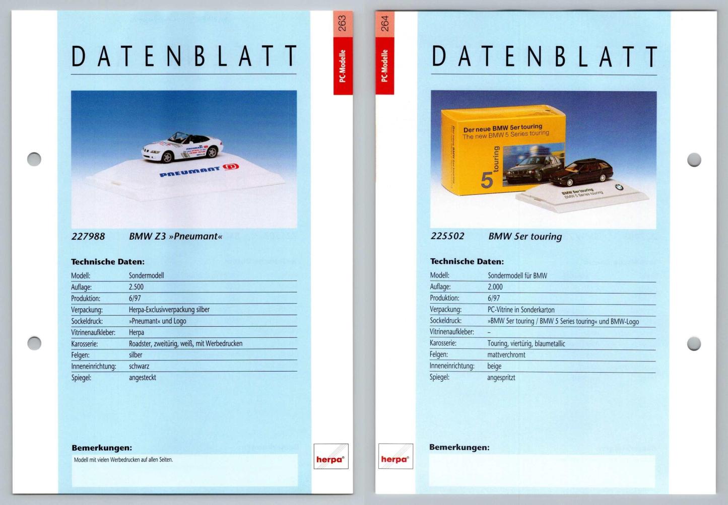 BMW Z3 / 5er Touring #263/64 PC-Modelle - Herpa Data Sheet-Breakoutcards
