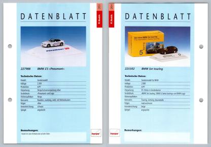 BMW Z3 / 5er Touring #263/64 PC-Modelle - Herpa Data Sheet-Breakoutcards