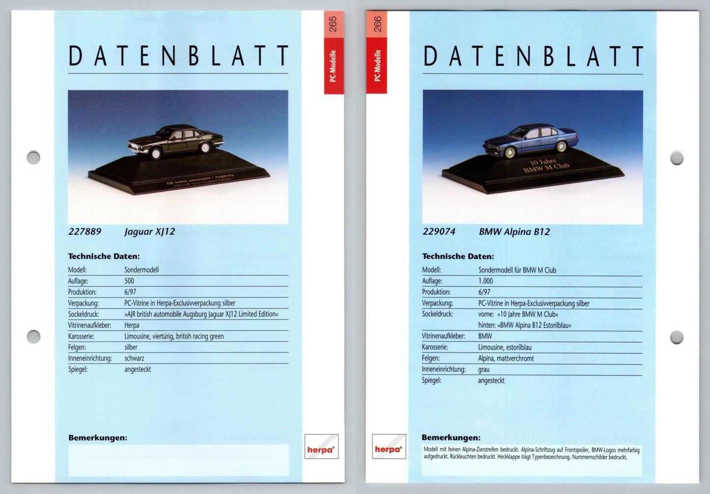 Jaguar XJ12 / BMW Alpina B12 #265/66 PC-Modelle - Herpa Data Sheet-Breakoutcards