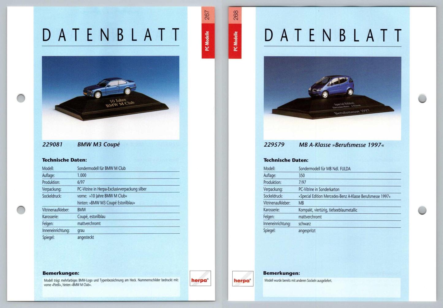 BMW M3 Coupe / MB A-Klasse #267/68 PC-Modelle - Herpa Data Sheet-Breakoutcards