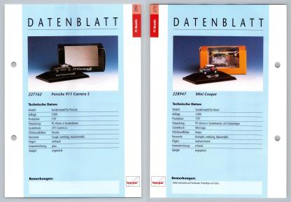 Porsch 911 Carrera S / Mini Cooper #269/70 PC-Modelle - Herpa Data Sheet-Breakoutcards