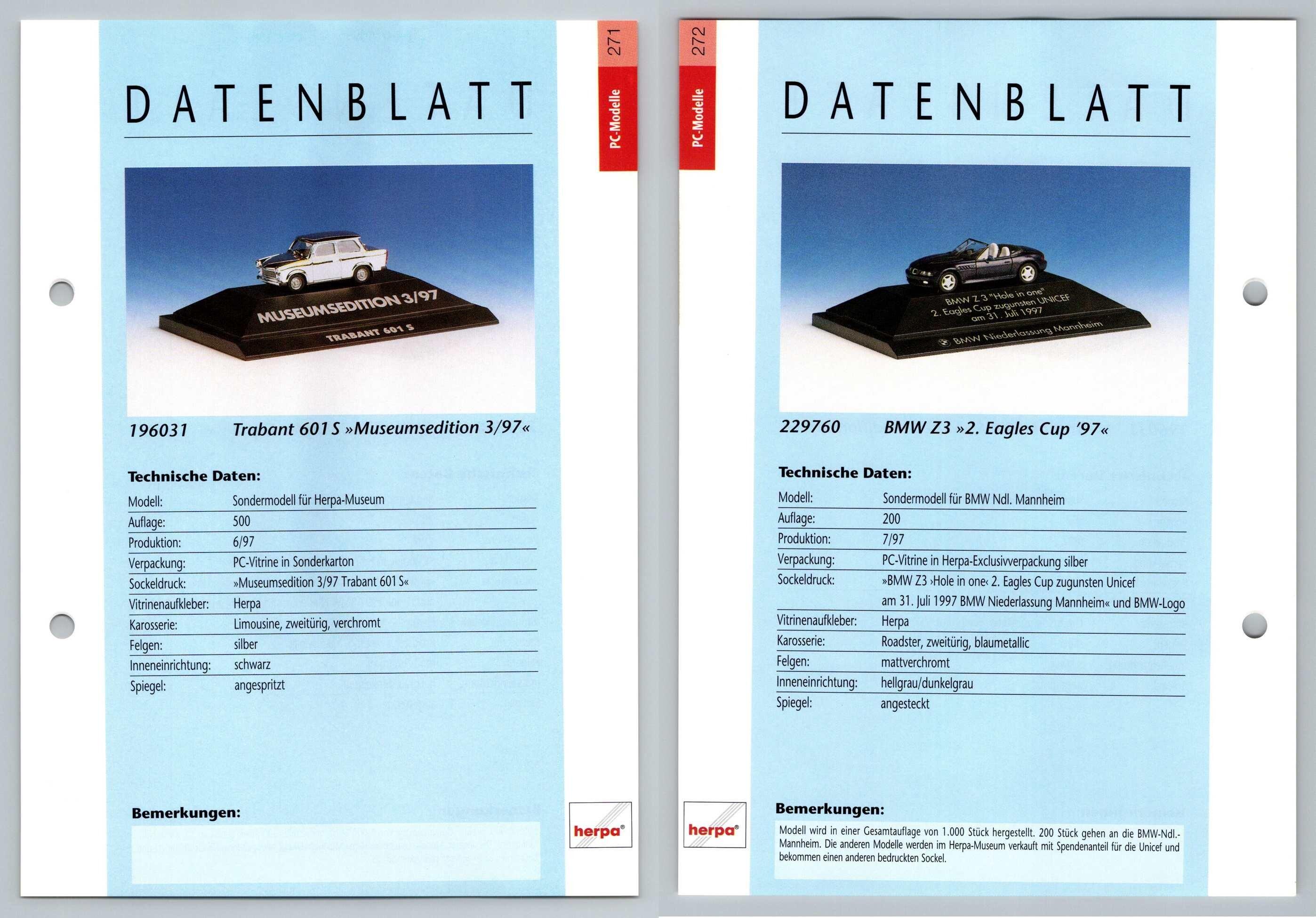 Trabant 601 S / BMW Z3 #271/72 PC-Modelle - Herpa Data Sheet-Breakoutcards