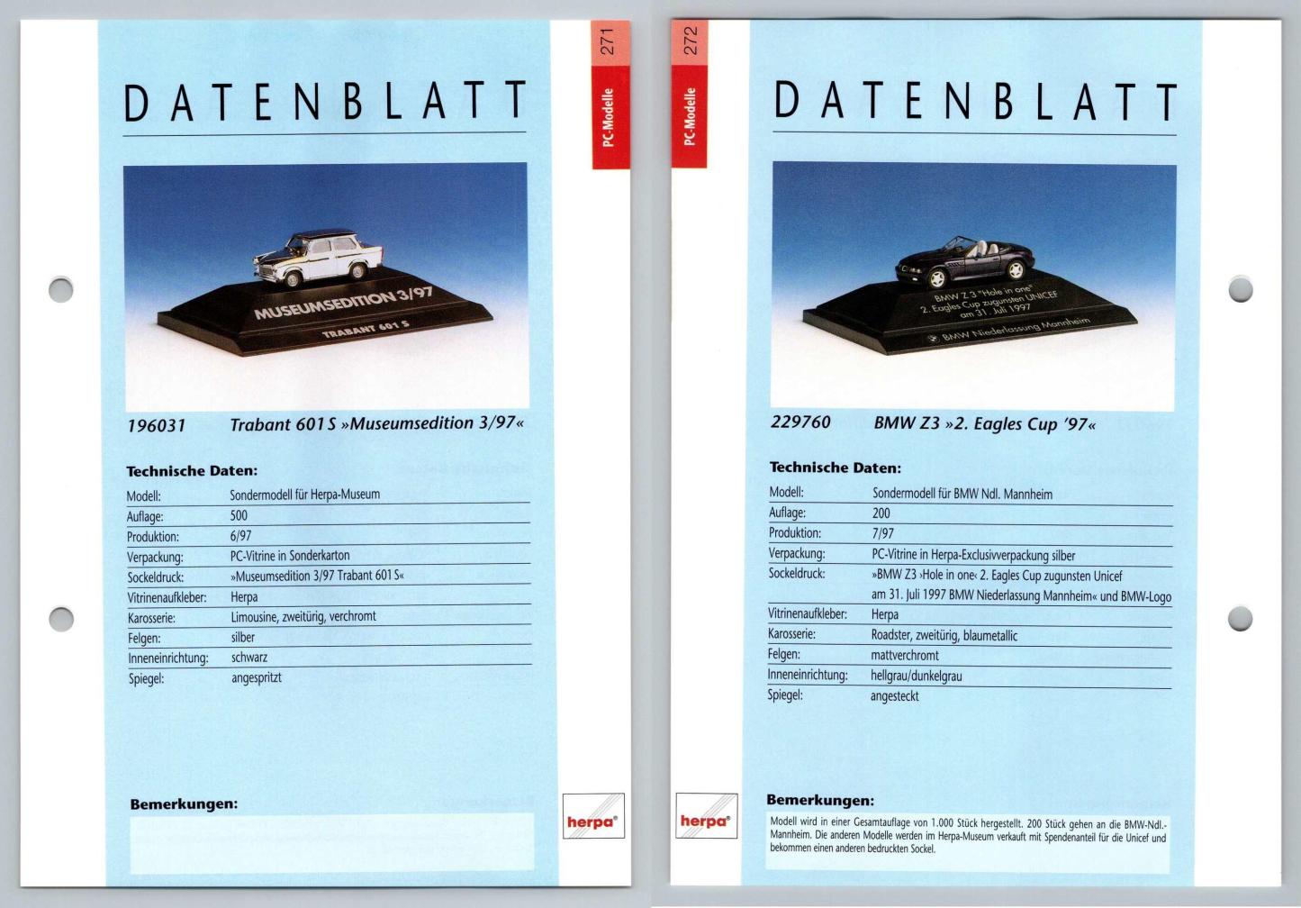 Trabant 601 S / BMW Z3 #271/72 PC-Modelle - Herpa Data Sheet-Breakoutcards