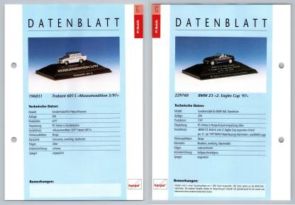 Trabant 601 S / BMW Z3 #271/72 PC-Modelle - Herpa Data Sheet-Breakoutcards