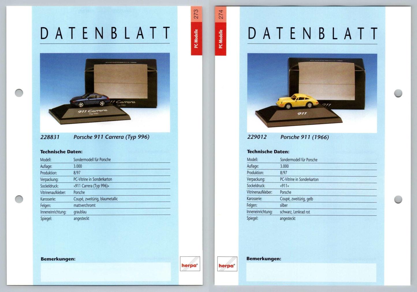 Porsche 911 Carrera / Porsche 911 #273/74 PC-Modelle - Herpa Data Sheet-Breakoutcards