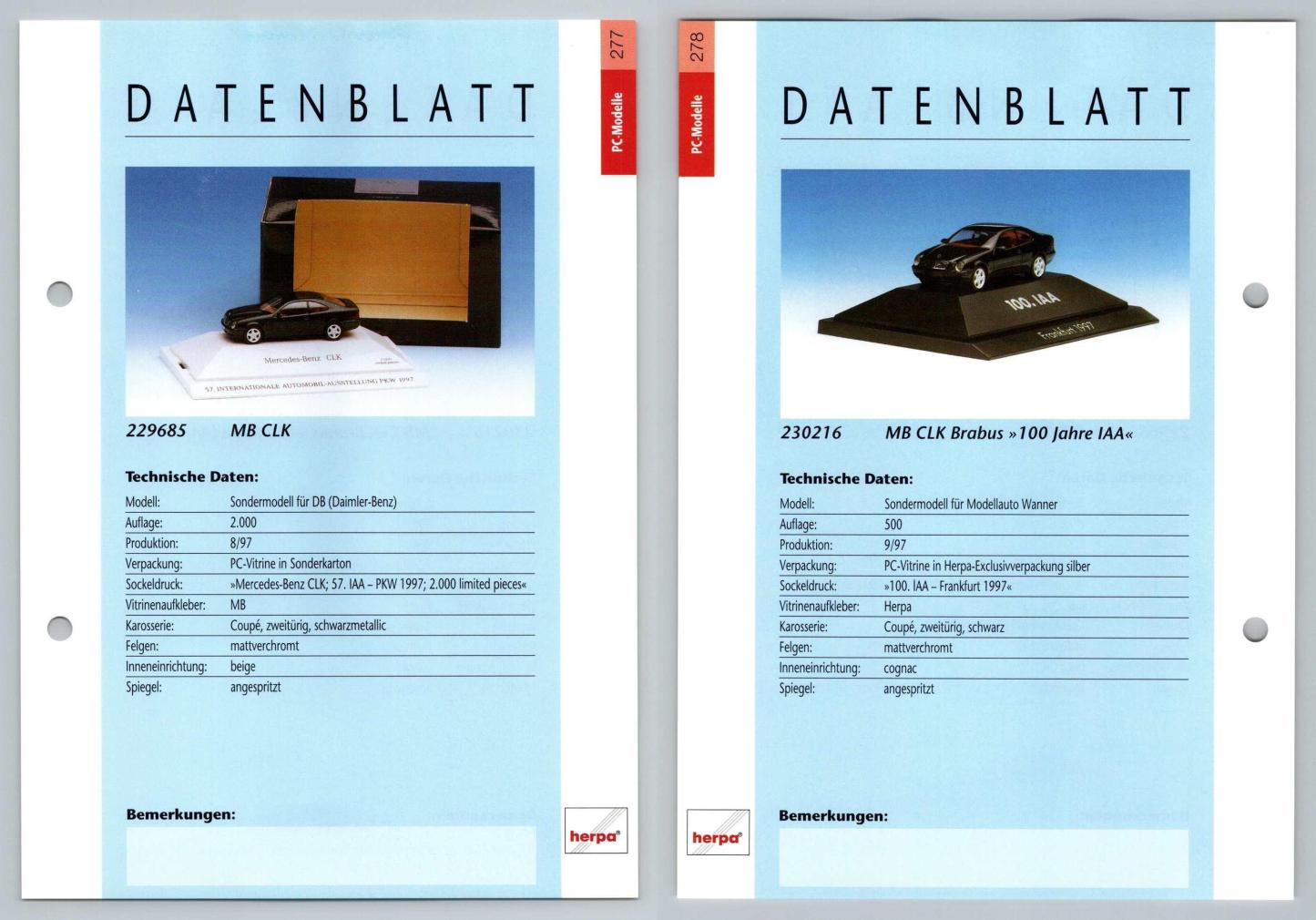 Mercedes Benz CLK / Brabus #277/78 PC-Modelle - Herpa Data Sheet-Breakoutcards