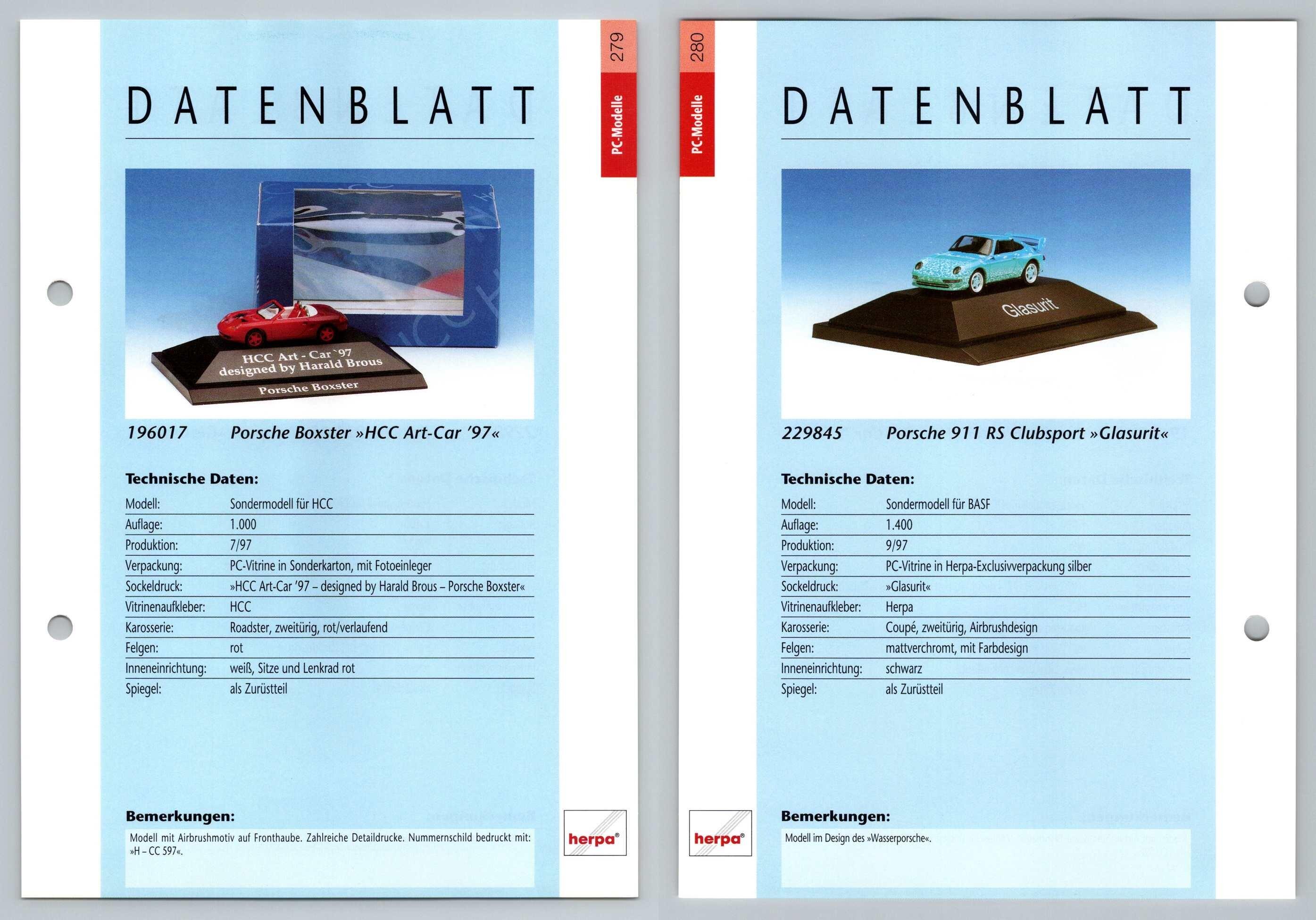 Porsche Boxter / 911 RS Clubsport #279/80 PC-Modelle - Herpa Data Sheet-Breakoutcards