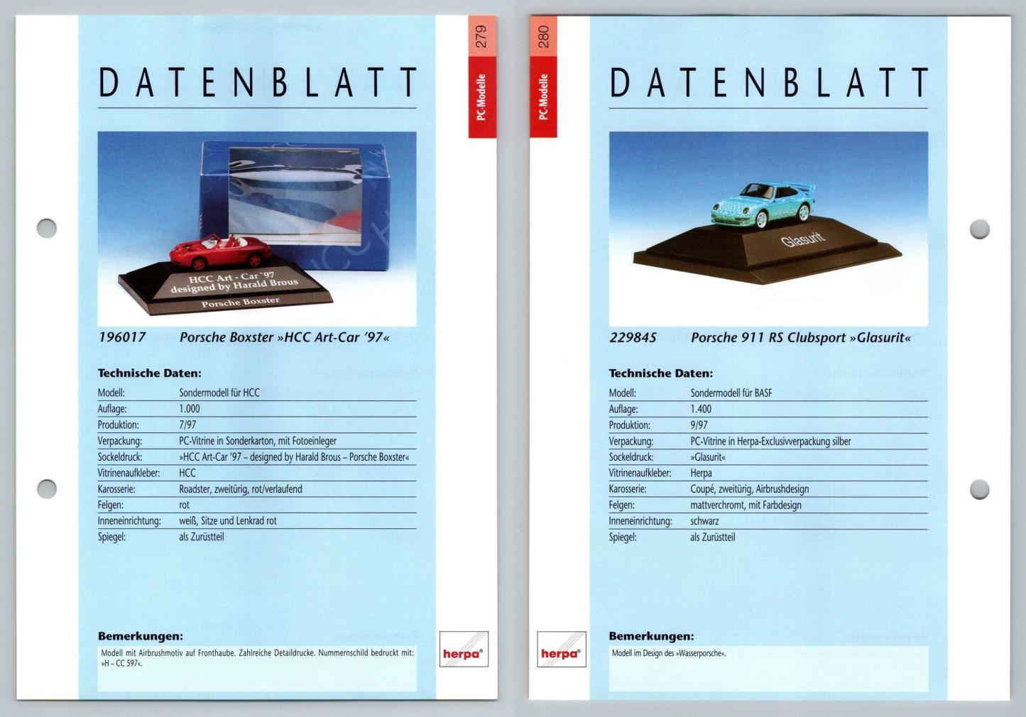 Porsche Boxter / 911 RS Clubsport #279/80 PC-Modelle - Herpa Data Sheet-Breakoutcards