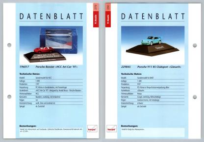 Porsche Boxter / 911 RS Clubsport #279/80 PC-Modelle - Herpa Data Sheet-Breakoutcards