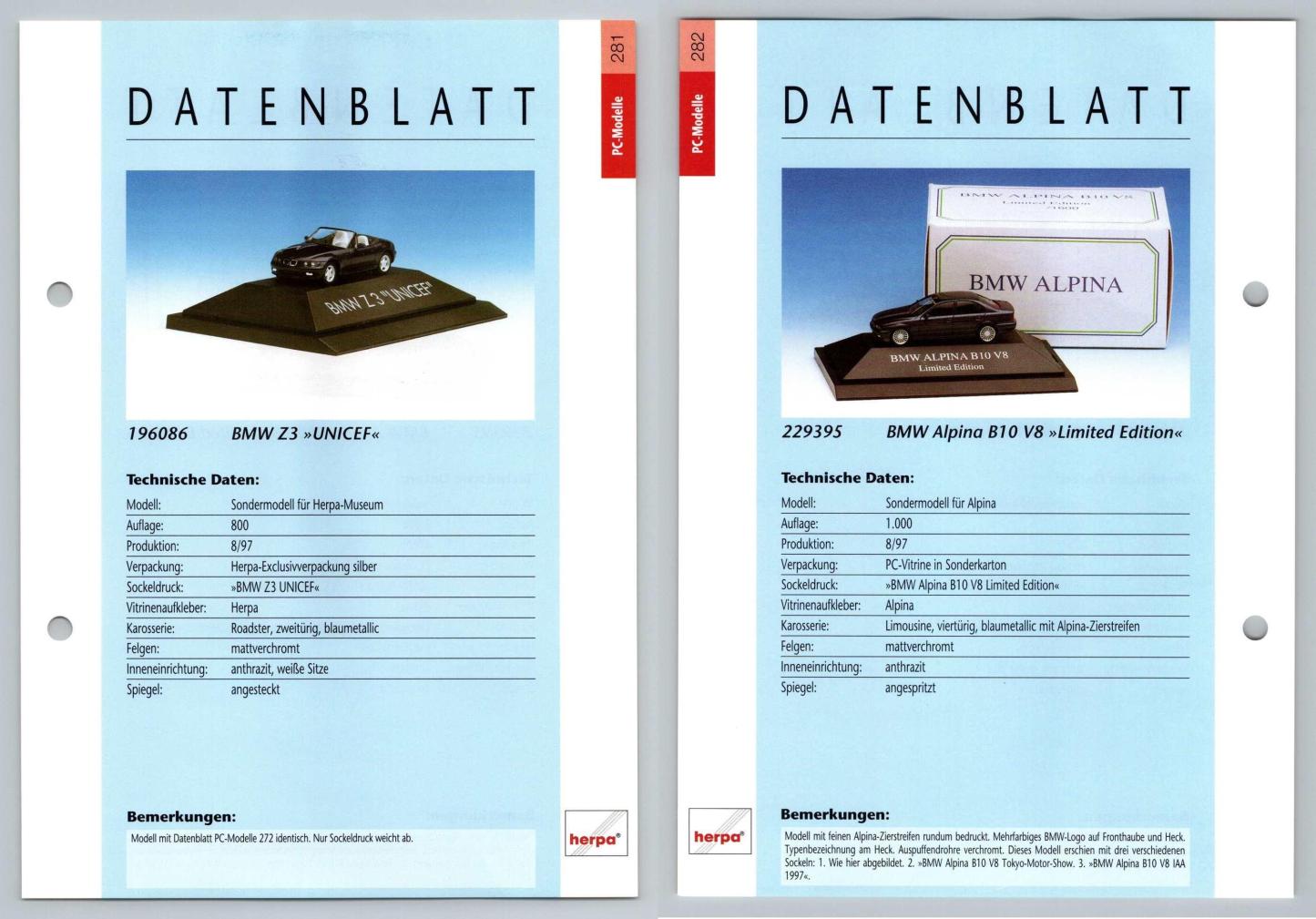 BMW Z3 / Alpina B10 V8 #281/82 PC-Modelle - Herpa Data Sheet-Breakoutcards