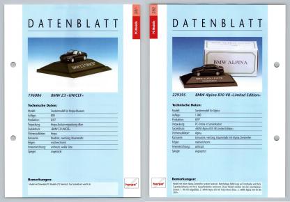 BMW Z3 / Alpina B10 V8 #281/82 PC-Modelle - Herpa Data Sheet-Breakoutcards