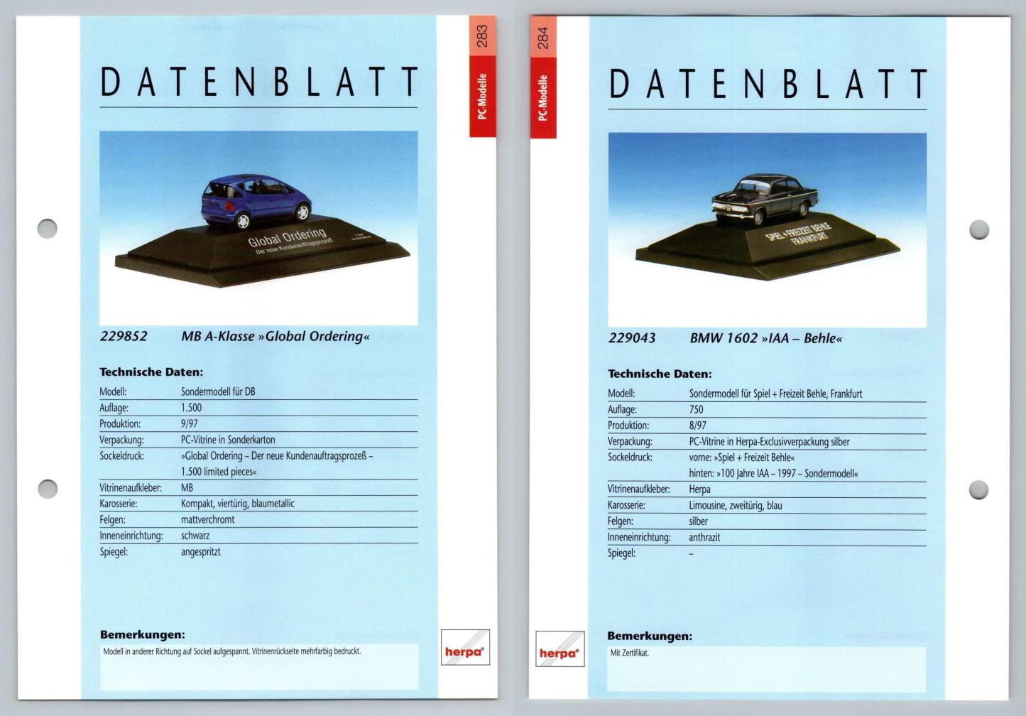 Mercedes Benz A-Klasse / BMW 1602 #283/84 PC-Modelle - Herpa Data Sheet-Breakoutcards