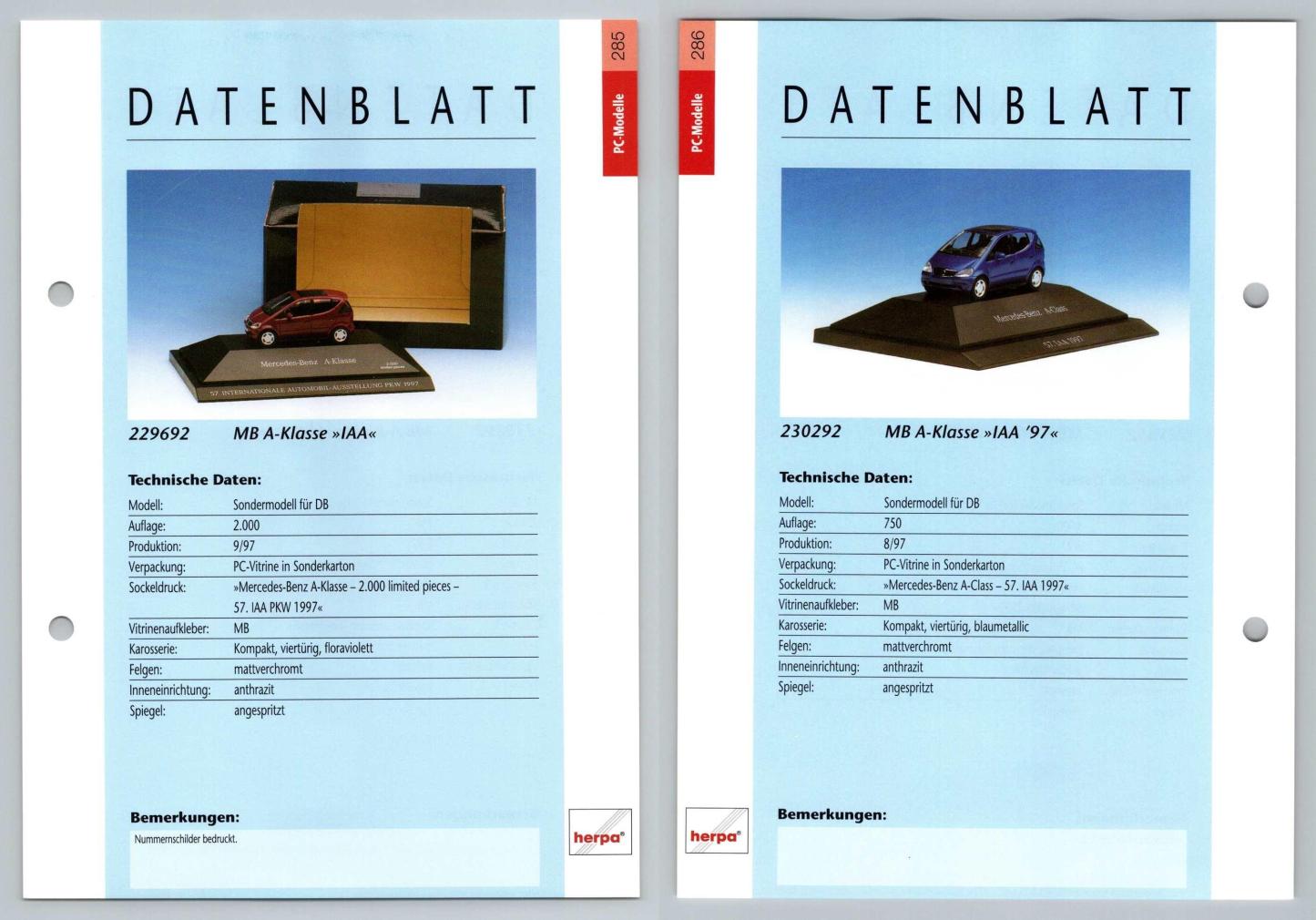 Mercedes Benz A-Klasse #285/86 PC-Modelle - Herpa Data Sheet-Breakoutcards