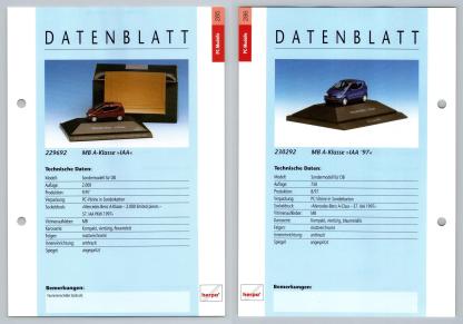 Mercedes Benz A-Klasse #285/86 PC-Modelle - Herpa Data Sheet-Breakoutcards