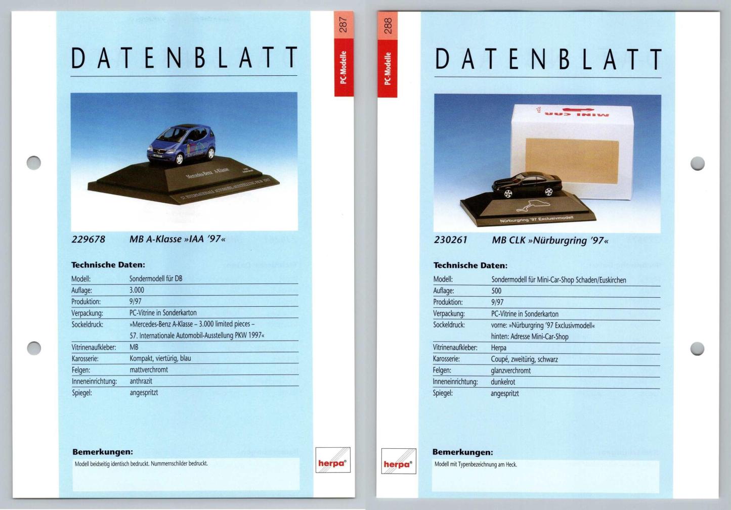 Mercedes Benz A-Klasse / CLK #287/88 PC-Modelle - Herpa Data Sheet-Breakoutcards