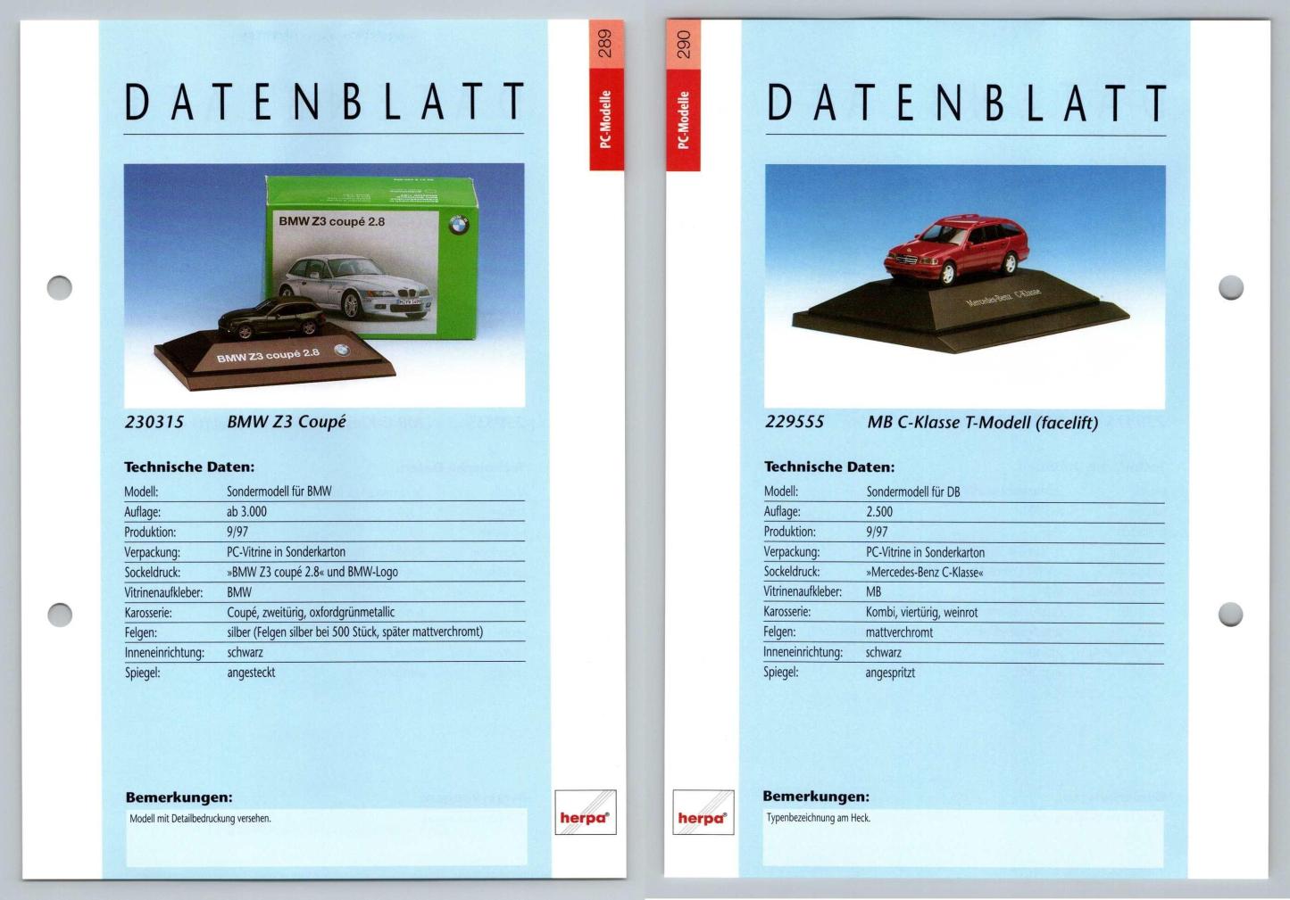 BMW Z3 Coupe / MB C-Klasse #289/90 PC-Modelle - Herpa Data Sheet-Breakoutcards