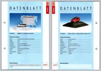 BMW 5er Touring /MB A-Klasse #293/4 PC-Modelle - Herpa Data Sheet-Breakoutcards