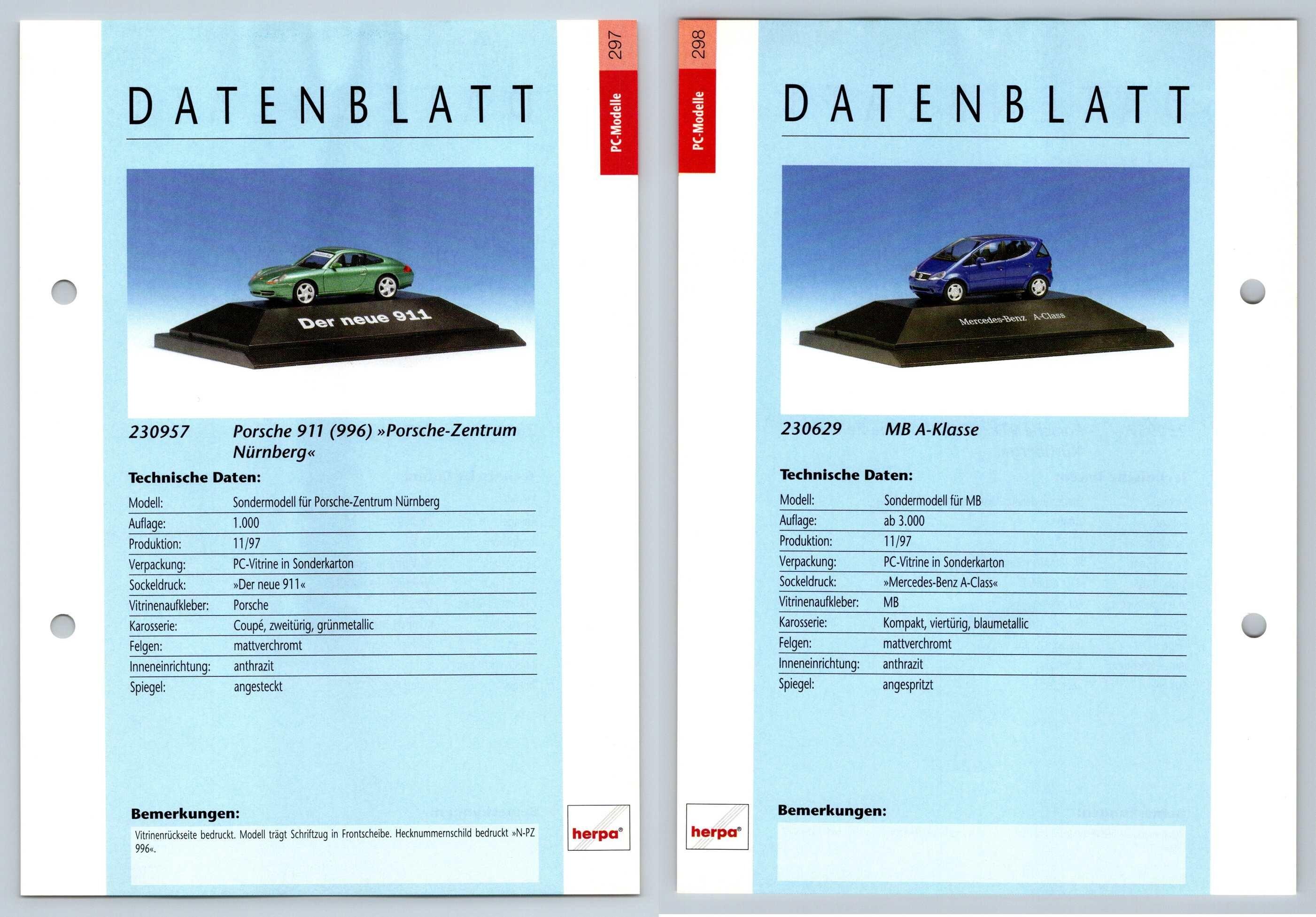 Porsche 911 / MB A-Klasse #297/98 PC-Modelle - Herpa Data Sheet-Breakoutcards