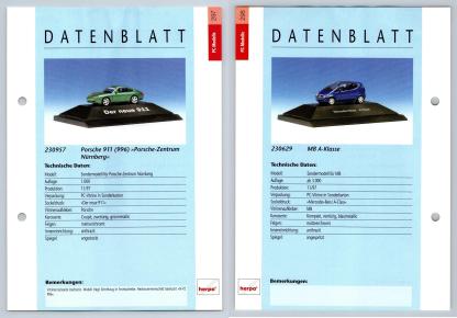 Porsche 911 / MB A-Klasse #297/98 PC-Modelle - Herpa Data Sheet-Breakoutcards