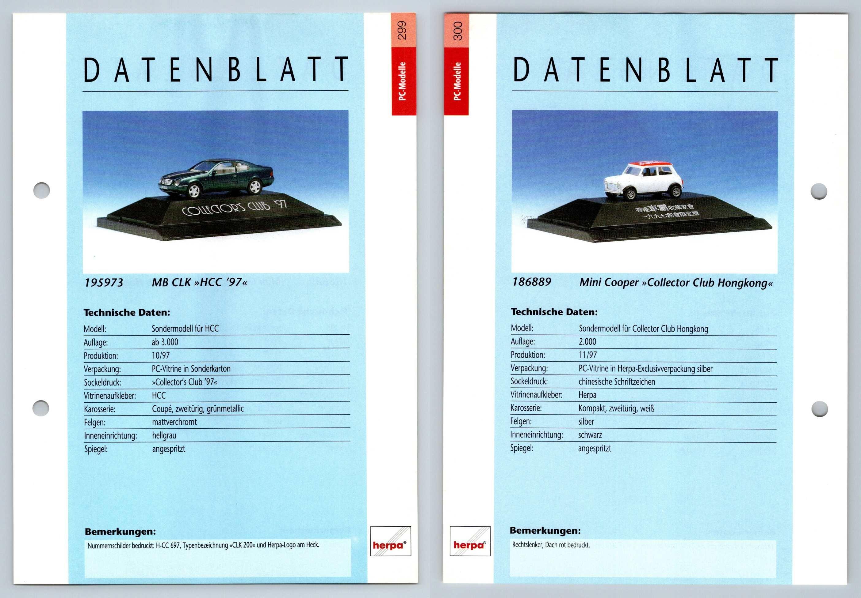 Mercedes Benz CLK / Mini Cooper #299/300 PC-Modelle - Herpa Data Sheet-Breakoutcards