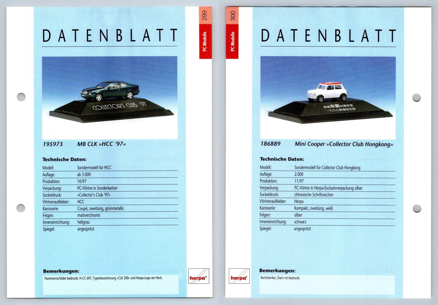 Mercedes Benz CLK / Mini Cooper #299/300 PC-Modelle - Herpa Data Sheet-Breakoutcards