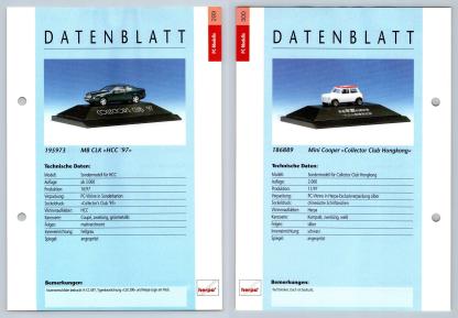 Mercedes Benz CLK / Mini Cooper #299/300 PC-Modelle - Herpa Data Sheet-Breakoutcards
