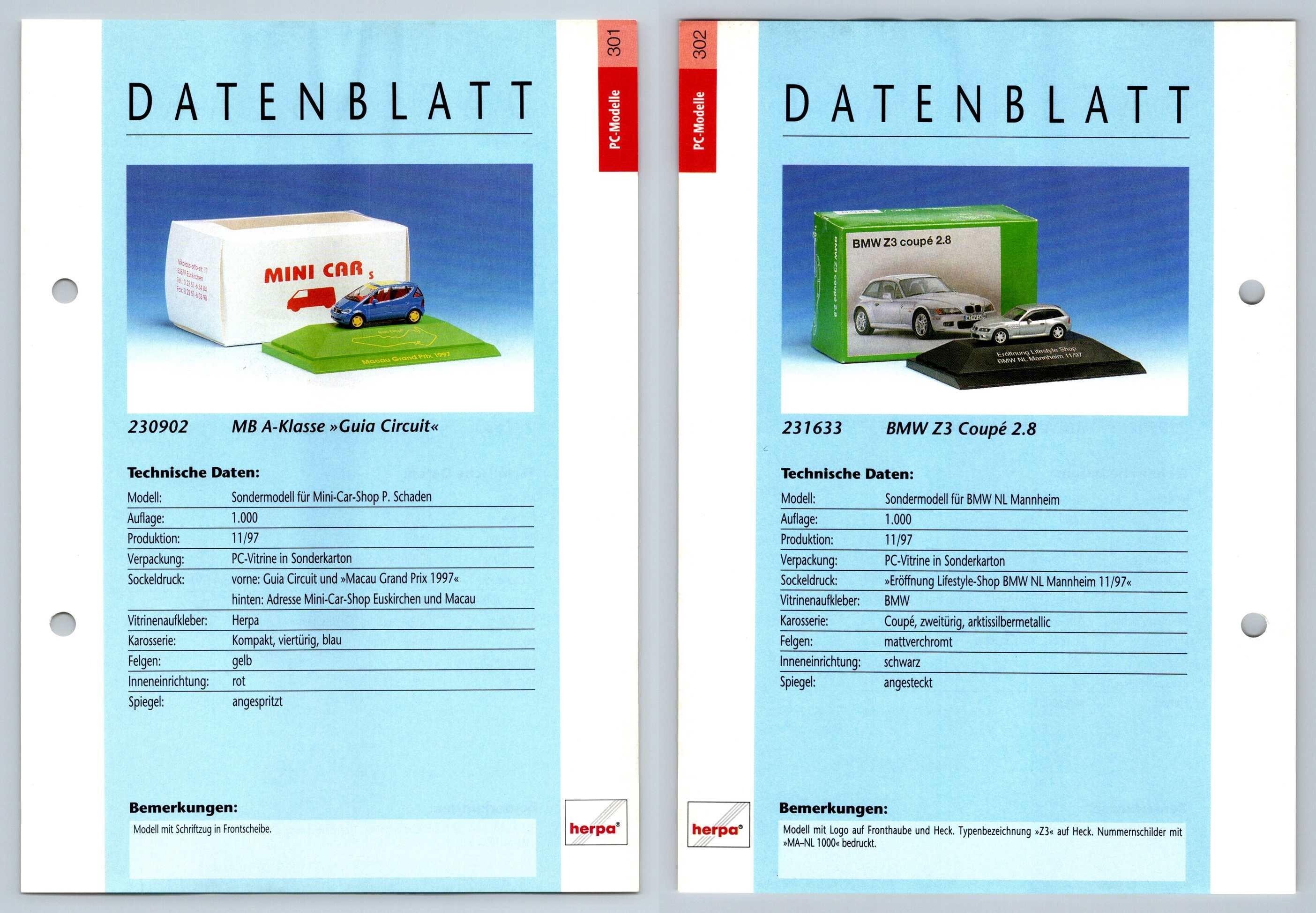Mercedes Benz A-Klasse / BMW Z3 Coupe #301/02 PC-Modelle - Herpa Data Sheet-Breakoutcards