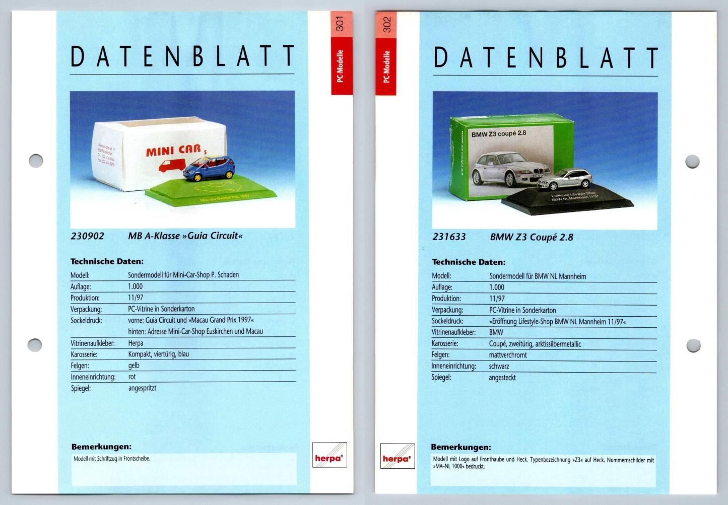 Mercedes Benz A-Klasse / BMW Z3 Coupe #301/02 PC-Modelle - Herpa Data Sheet-Breakoutcards