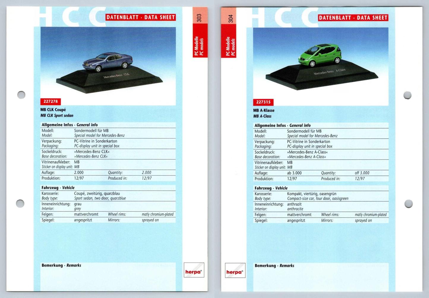 Mercedes Benz CLK Coupe / A-Klass #303/04 PC-Modelle - Herpa Data Sheet-Breakoutcards