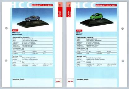 Mercedes Benz CLK Coupe / A-Klass #303/04 PC-Modelle - Herpa Data Sheet-Breakoutcards