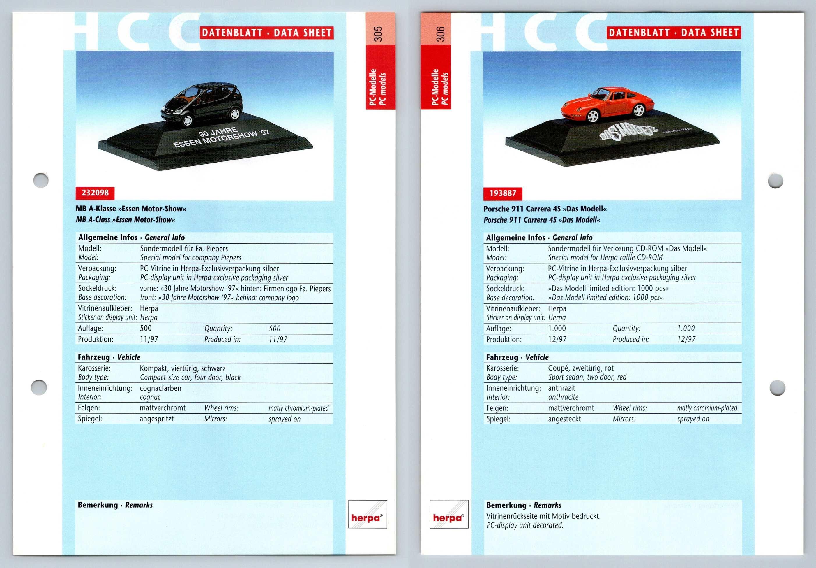 Mercedes Benz A-Klasse / Porsche 911 Carrera 4S #305/6 PC-Modelle - Herpa Data Sheet-Breakoutcards