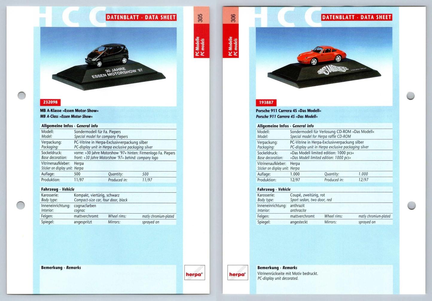Mercedes Benz A-Klasse / Porsche 911 Carrera 4S #305/6 PC-Modelle - Herpa Data Sheet-Breakoutcards