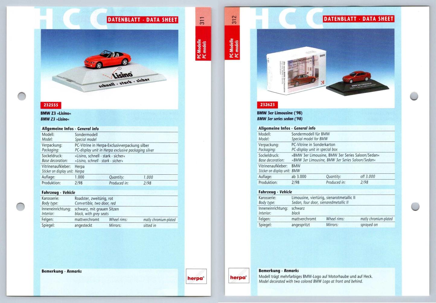 BMW Z3 / 3er Limousine #311/12 PC-Modelle - Herpa Data Sheet-Breakoutcards
