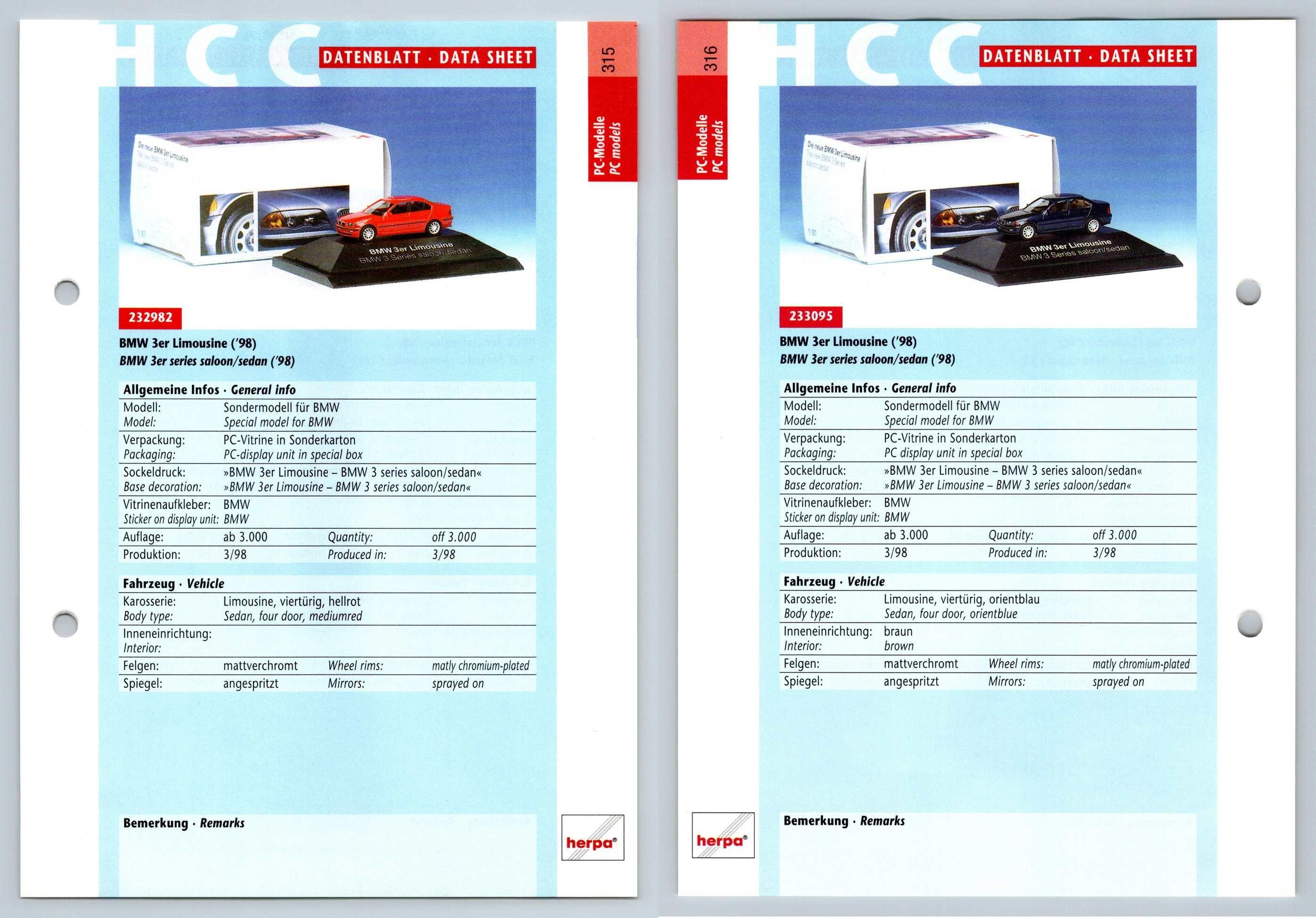 BMW 3er Limousine #315/16 PC-Modelle - Herpa Data Sheet-Breakoutcards