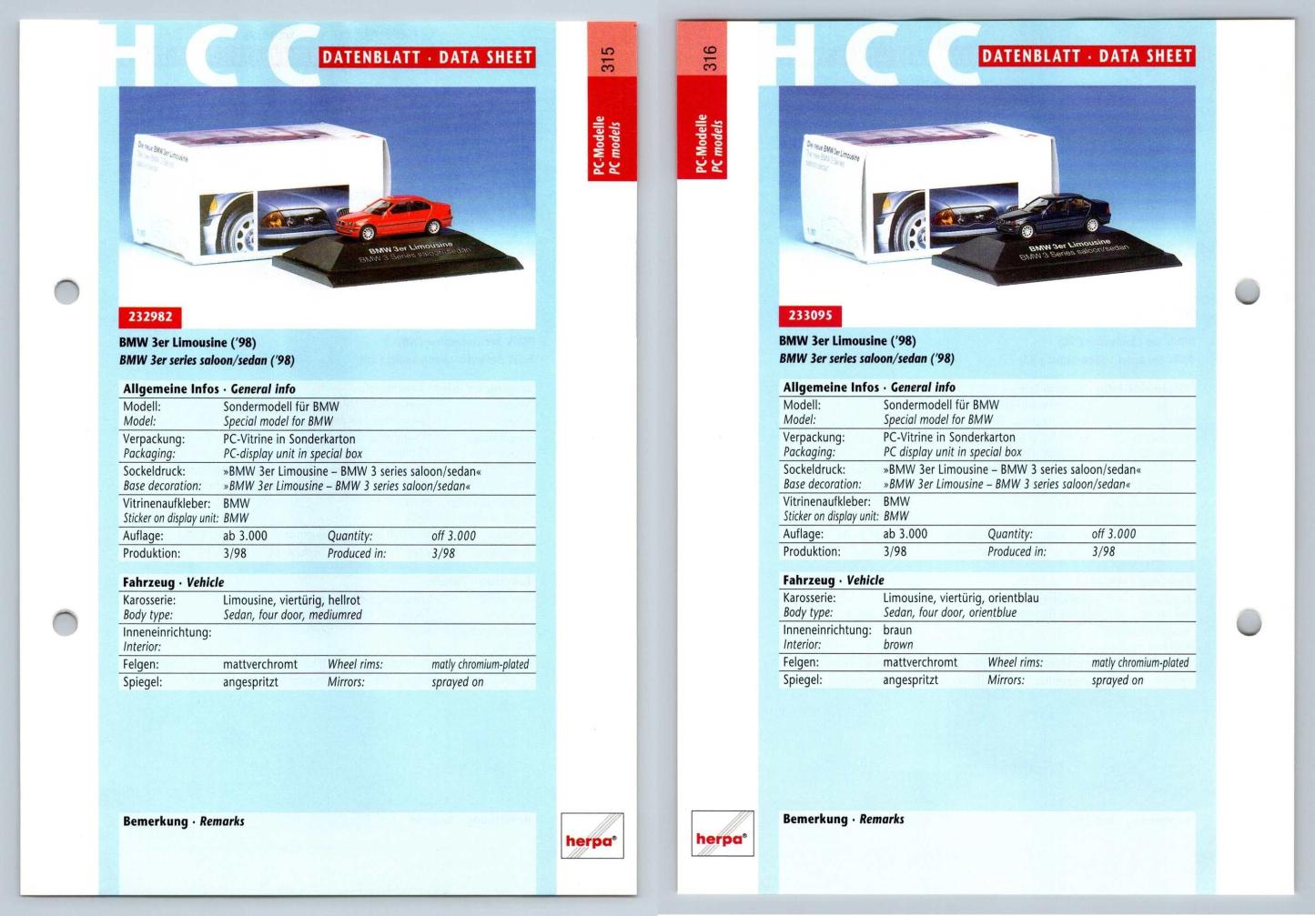 BMW 3er Limousine #315/16 PC-Modelle - Herpa Data Sheet-Breakoutcards