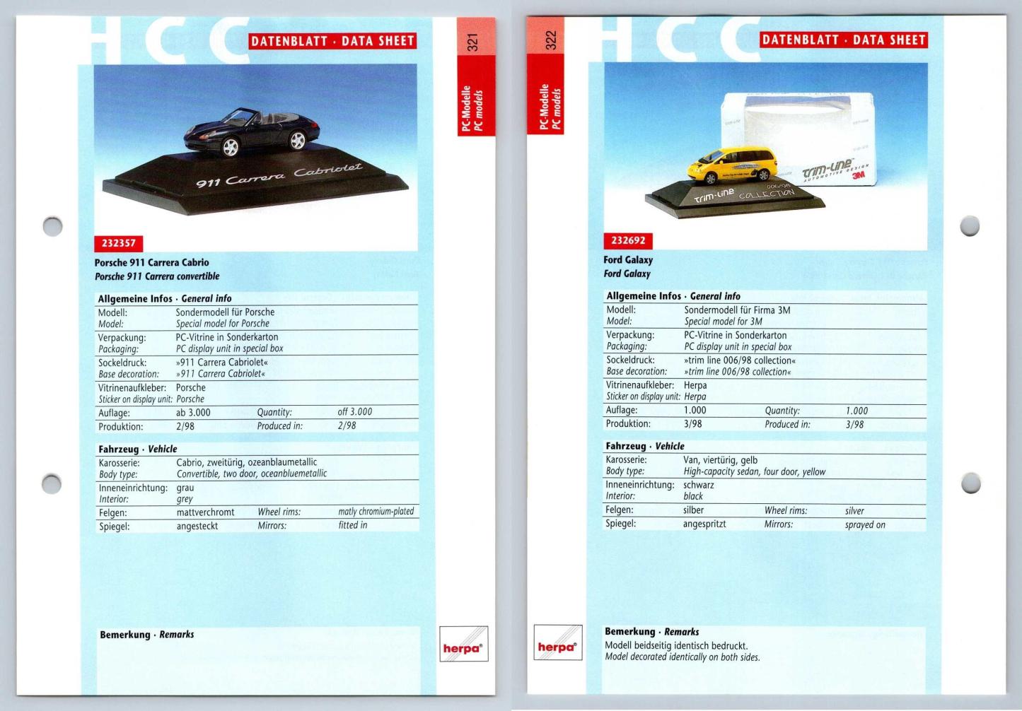 Porsche 911 Carrera Cabrio / Ford Galaxy #321/22 PC-Modelle - Herpa Data Sheet-Breakoutcards