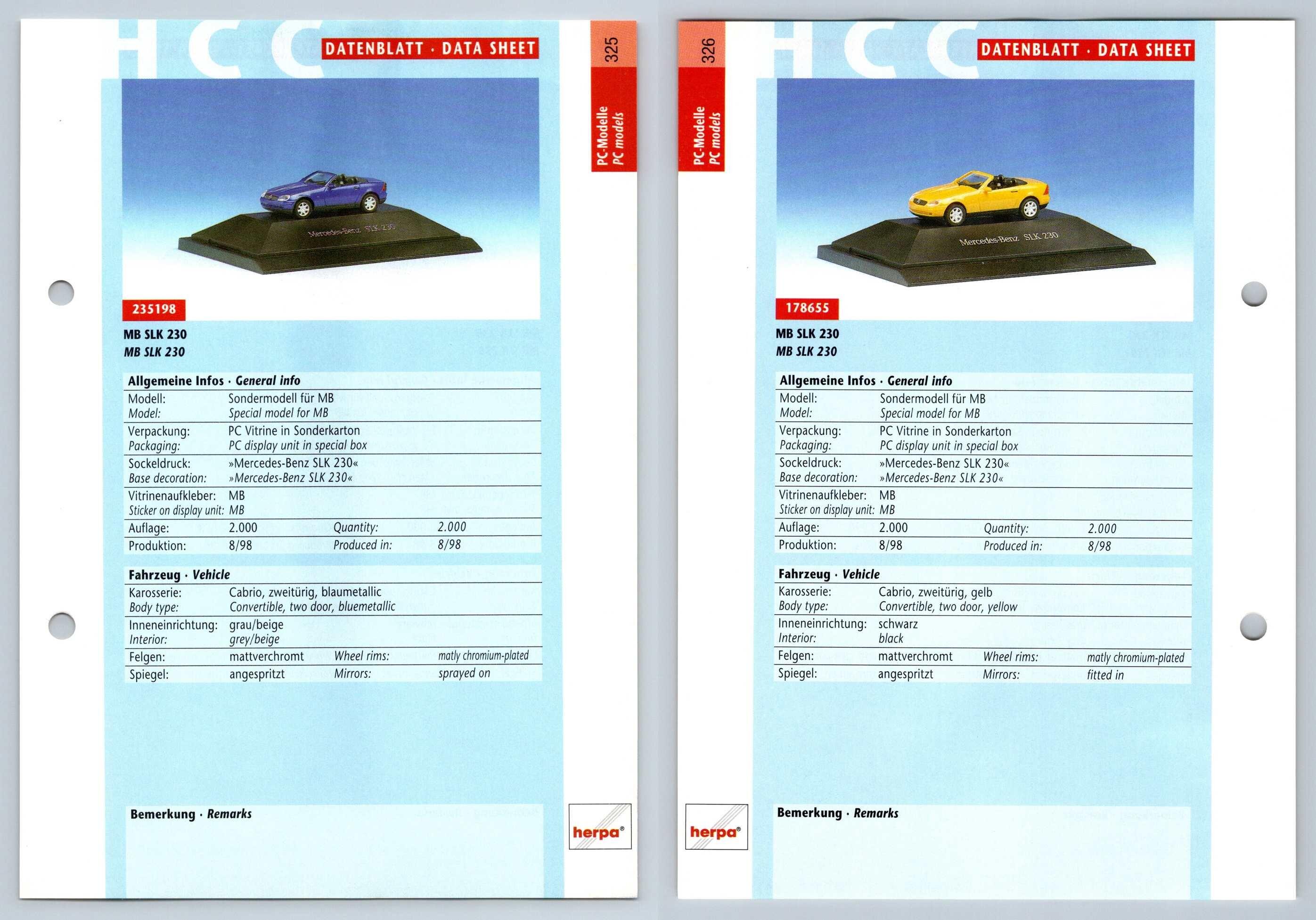 Mercedes Benz SLK 230 #325/26 PC-Modelle - Herpa Data Sheet-Breakoutcards